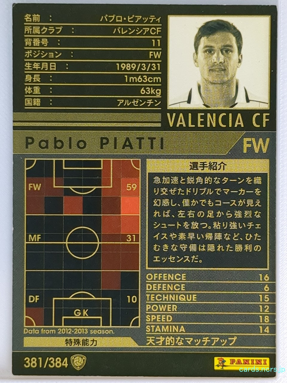 Panini WCCF Football WCCF/2012-2013-381/384 N Pablo Piatti Trading Card NM