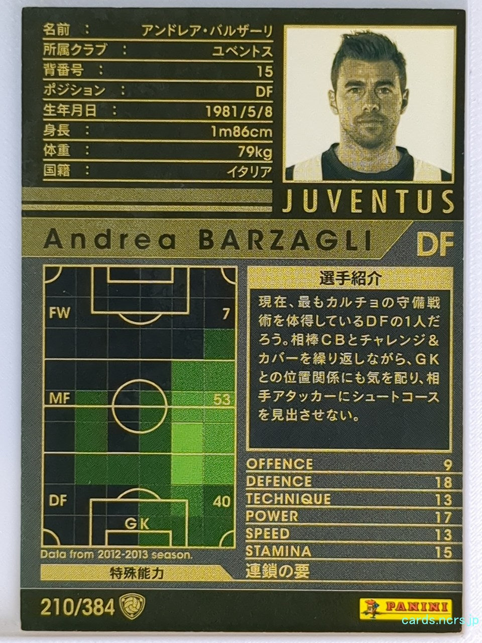 Panini WCCF Football WCCF/2012-2013-210/384 N Andrea Barzagli Trading Card NM