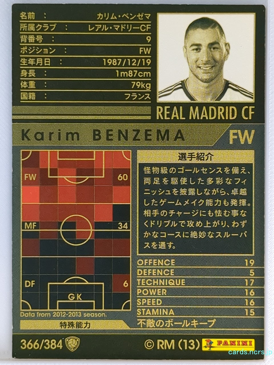 Panini WCCF Football WCCF/2012-2013-366/384 N Karim BENZEMA Trading Card NM