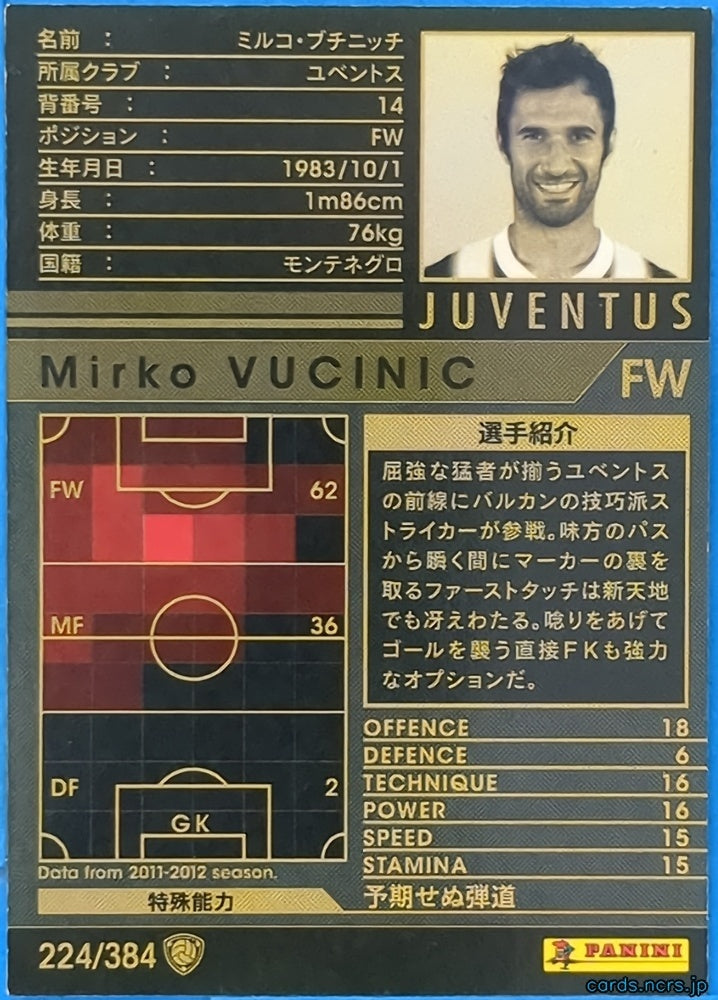 Panini WCCF Football WCCF/2011-2012-224/384 N Mirko Vucinic Trading Card EX