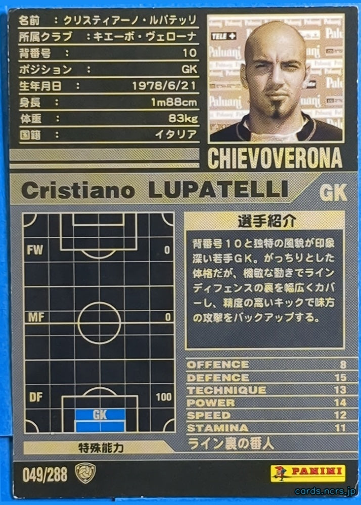 Panini WCCF Football WCCF/2001-2002-049/288 N Cristiano LUPATELLI Trading Card NM