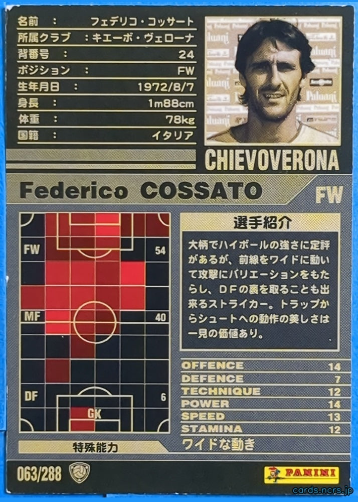 Panini WCCF Football WCCF/2001-2002-063/288 N Federico Cossato Trading Card NM