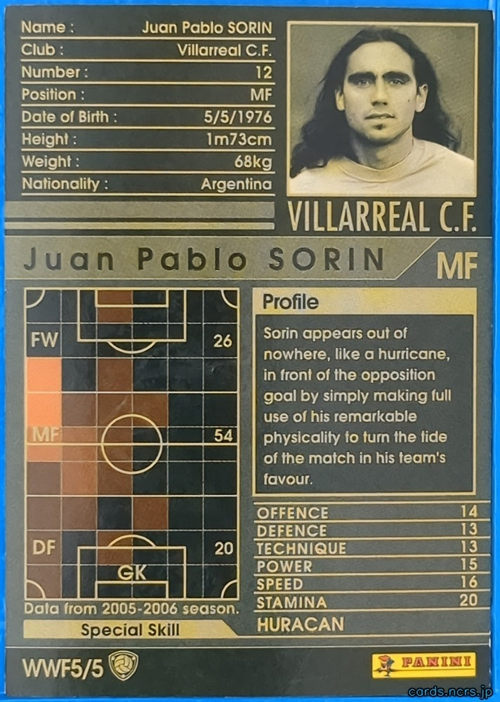 Panini WCCF Football WCCF/2005-2006-WWF5/5 N Juan Pablo SORIN Trading Card NM