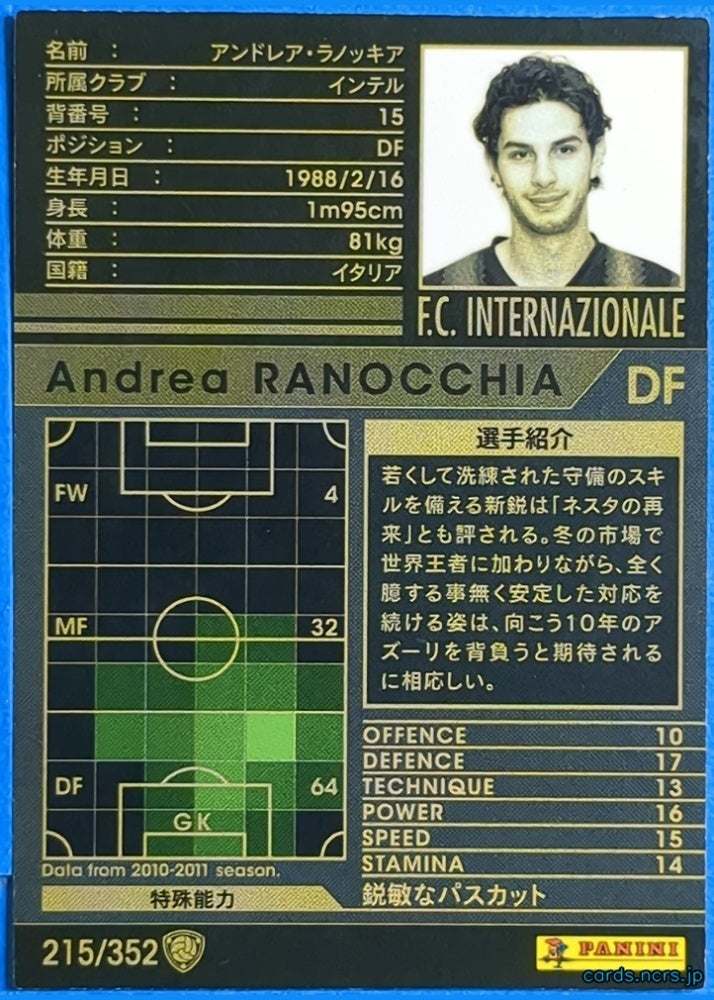 Panini WCCF Football WCCF/2010-2011-215/352 N Andrea Ranocchia Trading Card NM