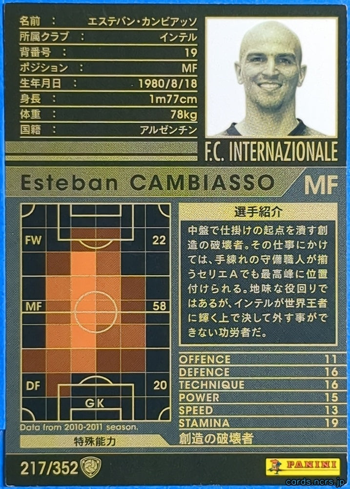 Panini WCCF Football WCCF/2010-2011-217/352 N Esteban Cambiasso Trading Card NM