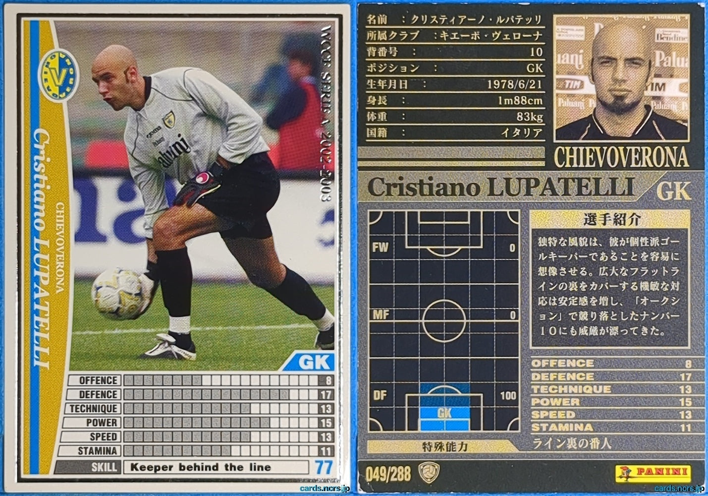 Panini WCCF Football WCCF/2002-2003-049/288 N Cristiano LUPATELLI Trading Card NM