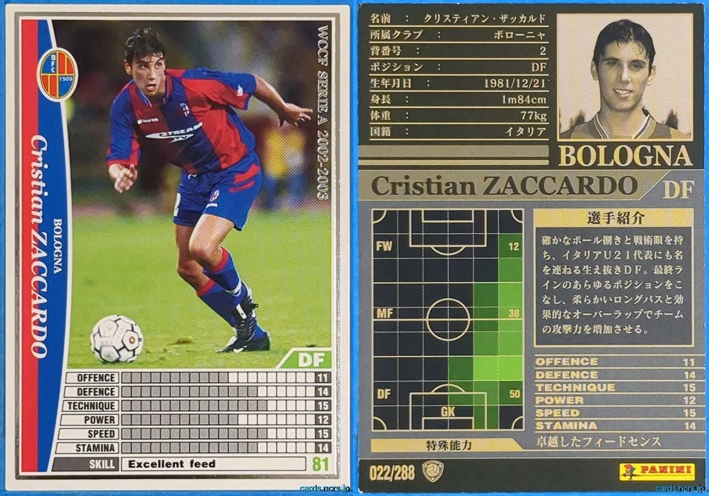 Panini WCCF Football WCCF/2002-2003-022/288 N Cristian Zaccardo Trading Card NM