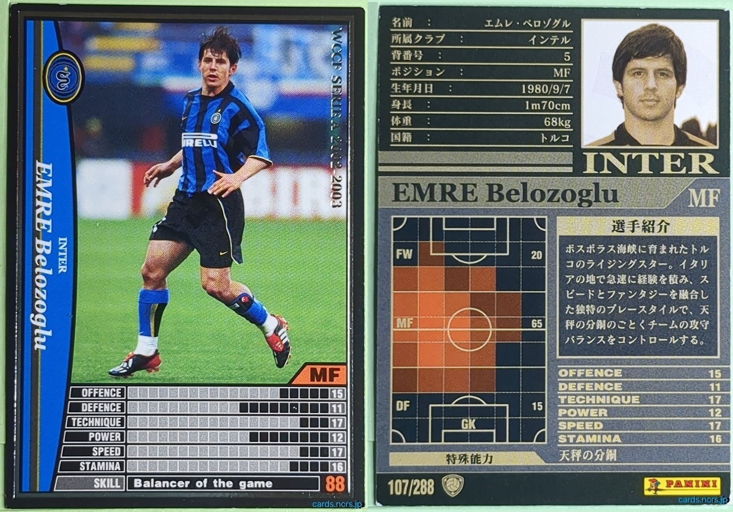 Panini WCCF Football WCCF/2002-2003-107/288 N Emre Belozoglu Trading Card NM