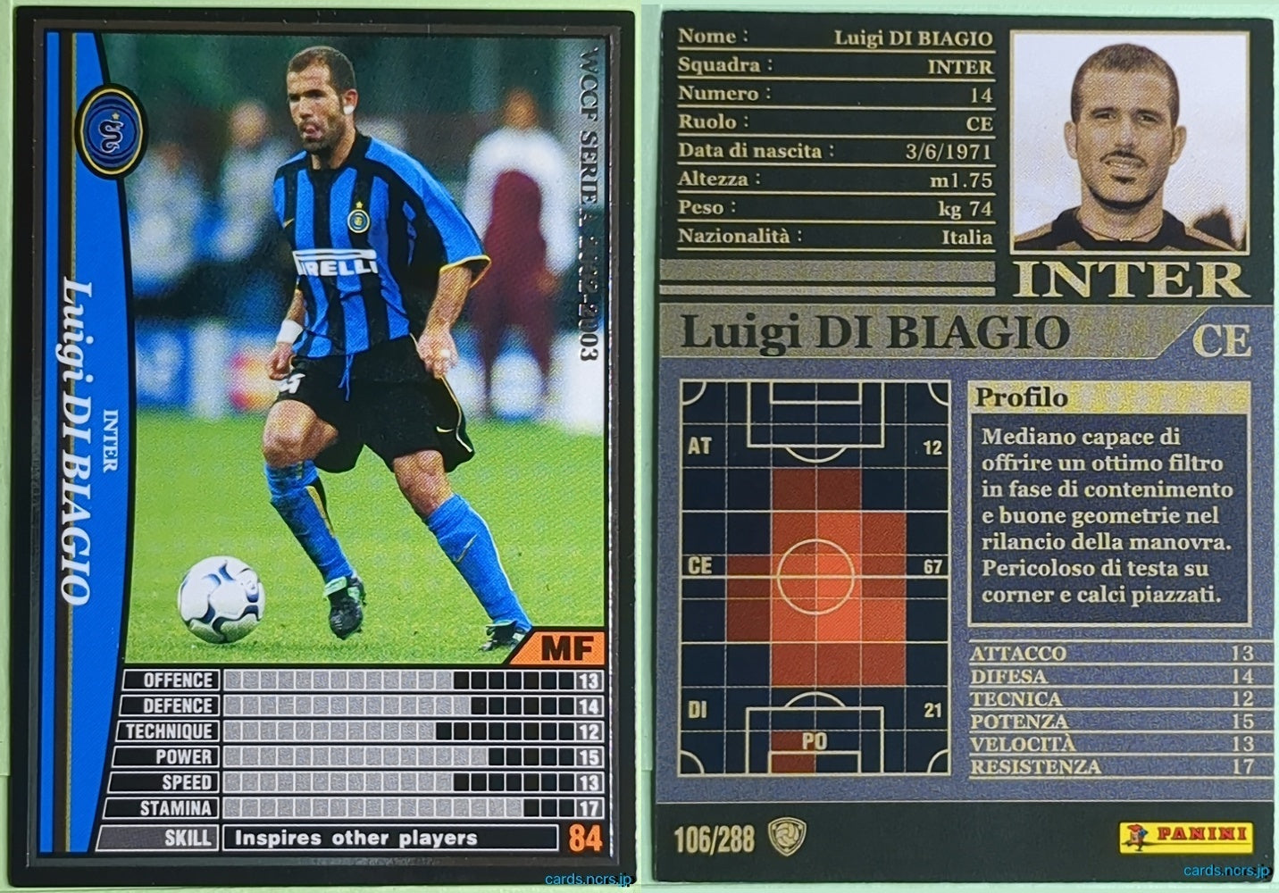 Panini WCCF Football WCCF/2002-2003-106/288 N Luigi Di Biagio Trading Card NM