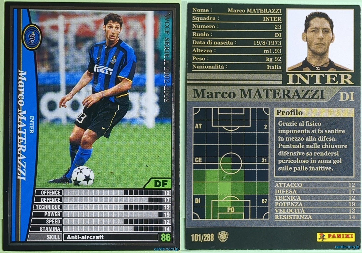 Panini WCCF Football WCCF/2002-2003-101/288EN N Marco MATERAZZI Trading Card NM