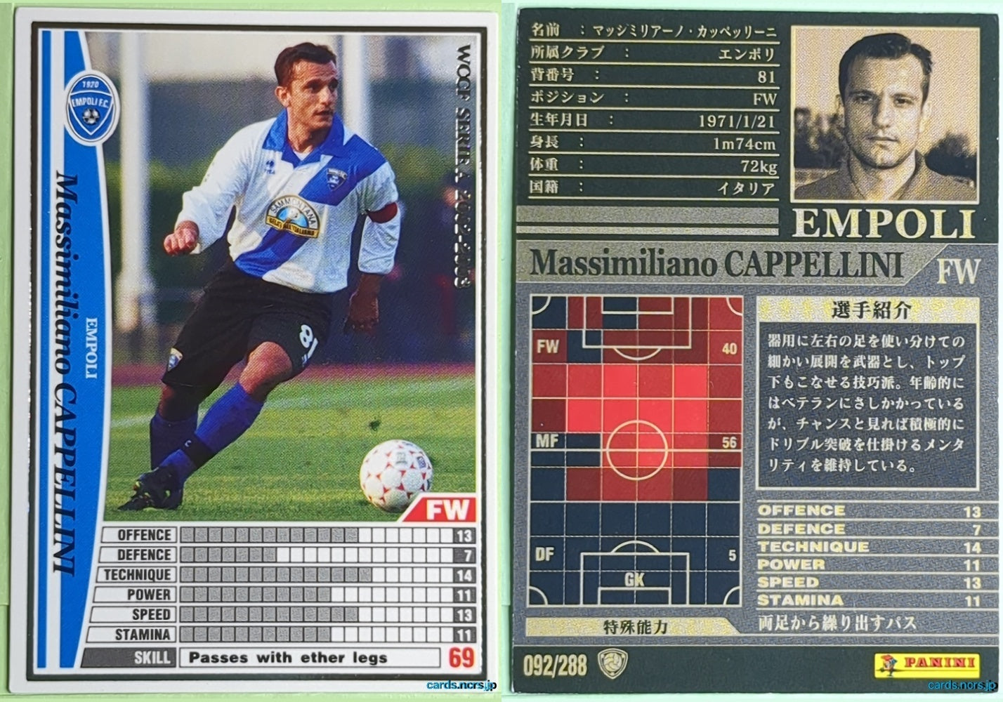 Panini WCCF Football WCCF/2002-2003-092/288 N Massimiliano Cappellini Trading Card NM