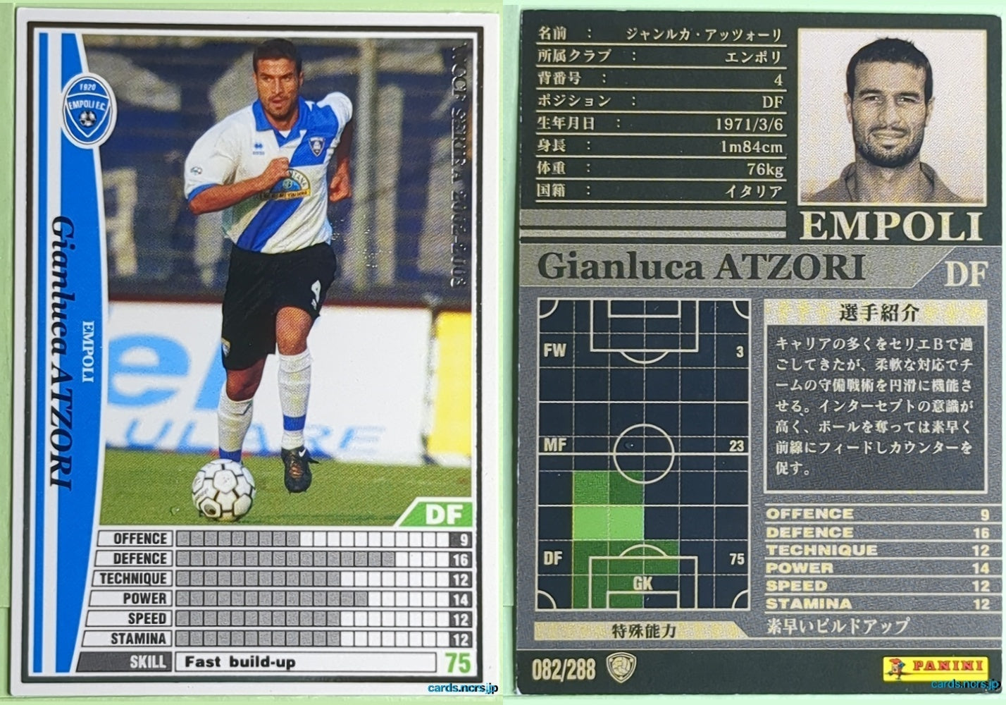 Panini WCCF Football WCCF/2002-2003-082/288 N Gianluca Atzori Trading Card NM
