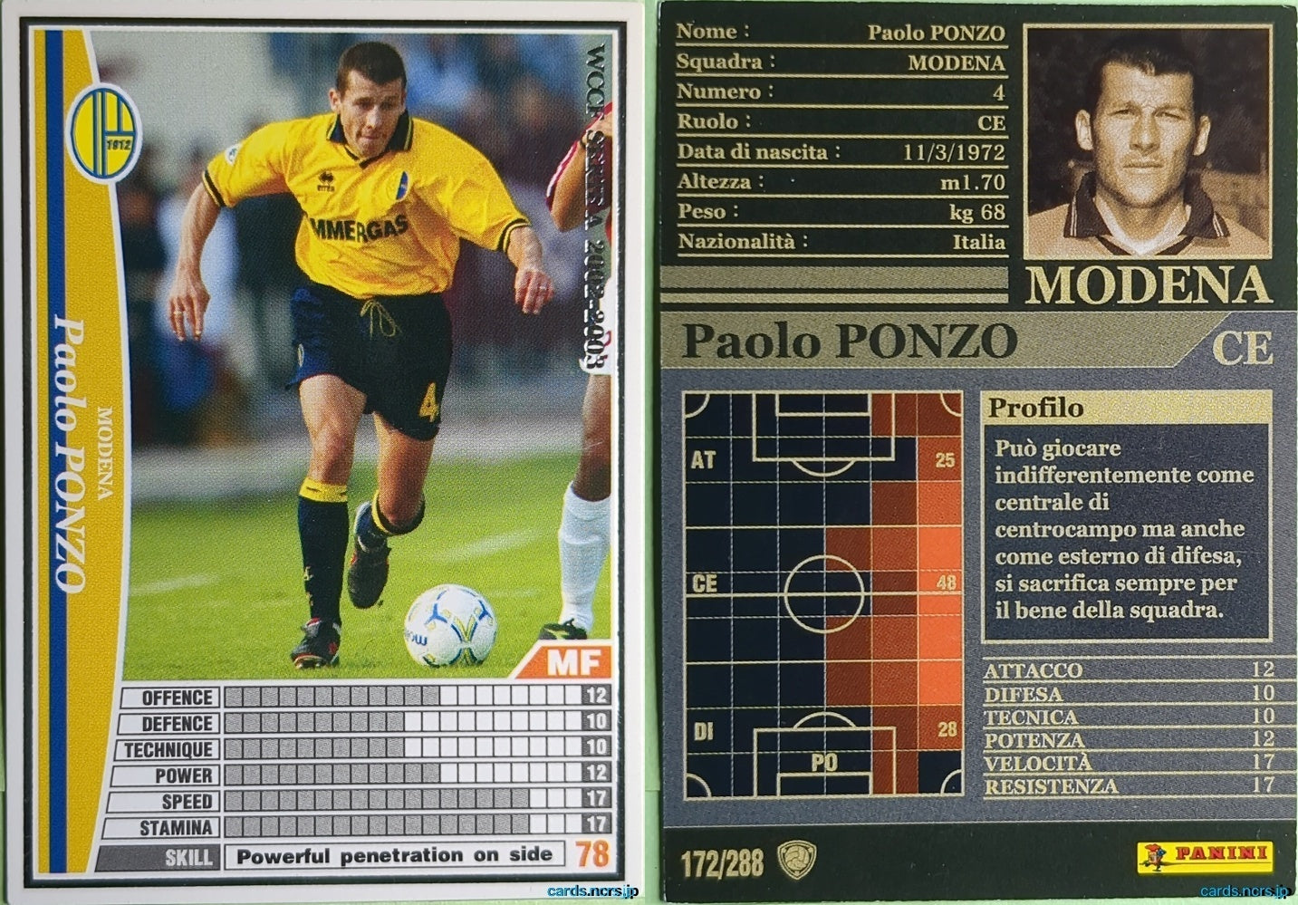 Panini WCCF Football WCCF/2002-2003-172/288EN N Paolo Ponzo Trading Card NM