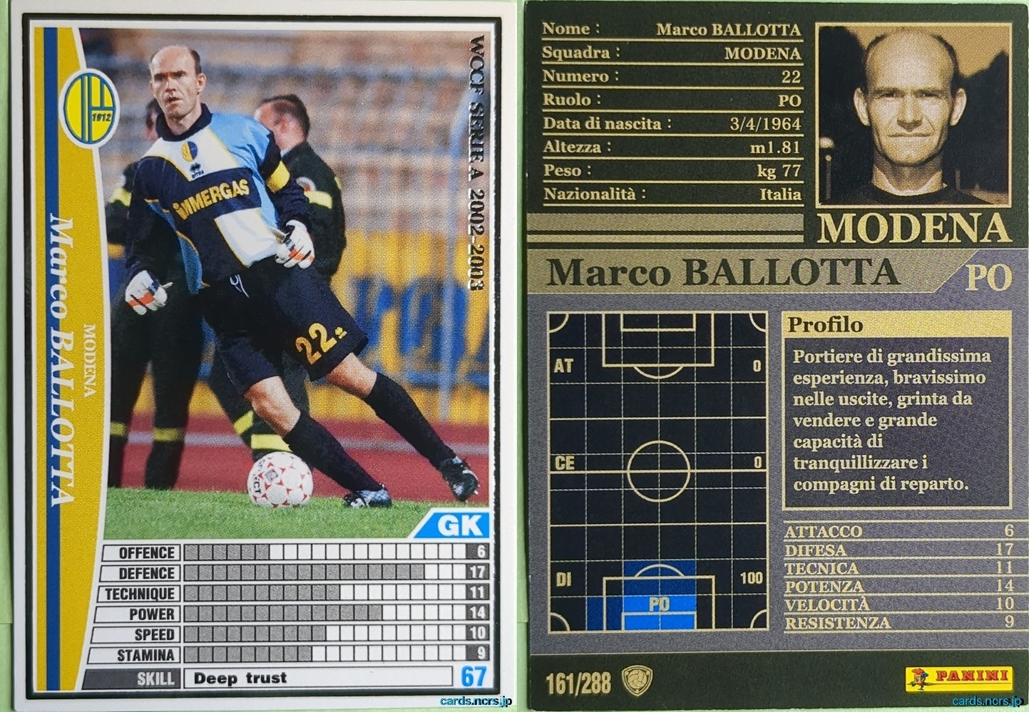 Panini WCCF Football WCCF/2002-2003-161/288EN N Marco Ballotta Trading Card NM