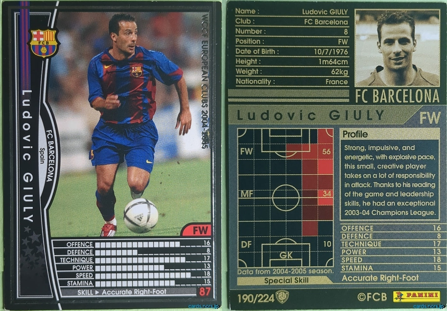 Panini WCCF Football WCCF/2004-2005-190/224EN N Ludovic Giuly Trading Card NM