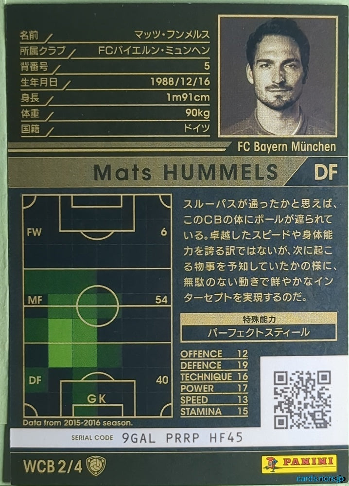Panini WCCF Football WCCF/2016-2017-WCB2/4 N Mats Hummels Trading Card NM