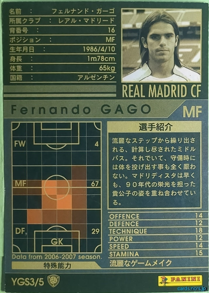 Panini WCCF Football WCCF/2006-2007-YGS3/5 N Fernando Gago Trading Card NM