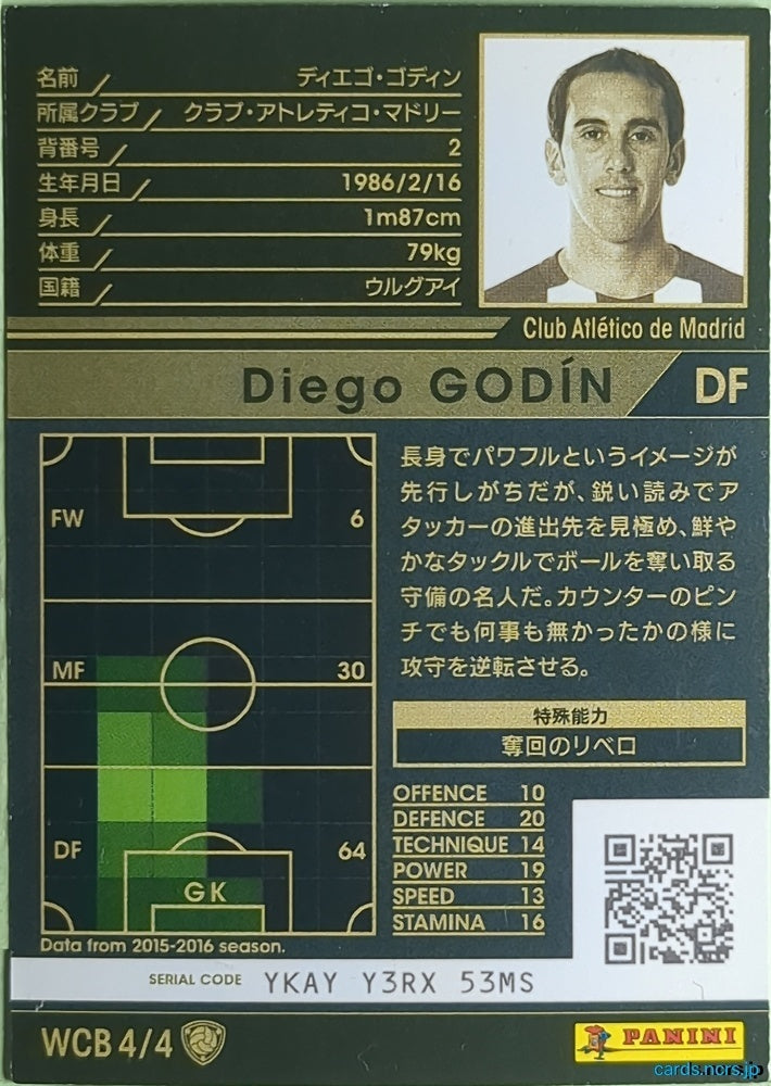 Panini WCCF Football WCCF/2016-2017-WCB4/4 N Diego GODIN Trading Card NM