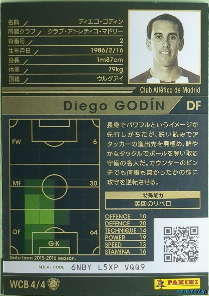 Panini WCCF Football WCCF/2015-2016-WCB4/4 N Diego GODIN Trading Card NM