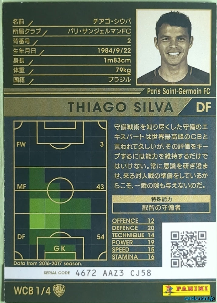 Panini WCCF Football WCCF/2016-2017-WCB1/4 N THIAGO SILVA Trading Card NM
