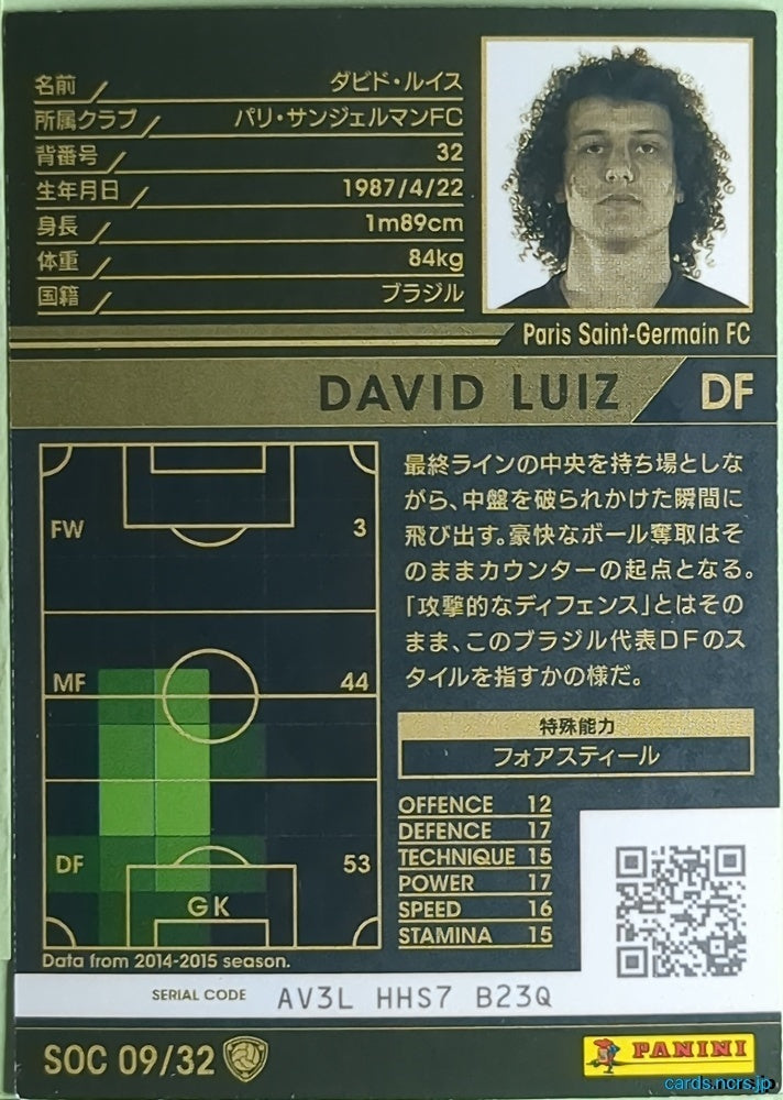 Panini WCCF Football WCCF/2014-2015-SOC09/32 N David Luiz Trading Card NM