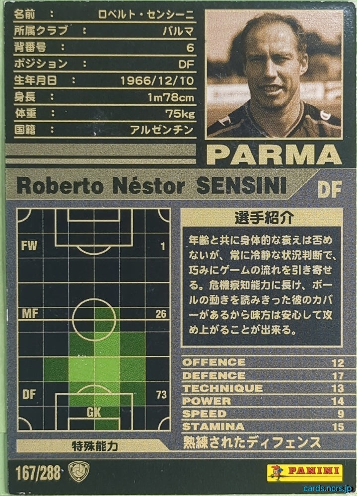 Panini WCCF Football WCCF/2001-2002-167/288 N Roberto Néstor Sensini Trading Card NM
