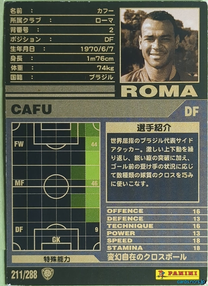 Panini WCCF Football WCCF/2001-2002-211/288 N Cafu Trading Card NM