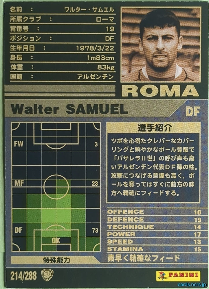 Panini WCCF Football WCCF/2001-2002-214/288 N Walter Samuel Trading Card NM