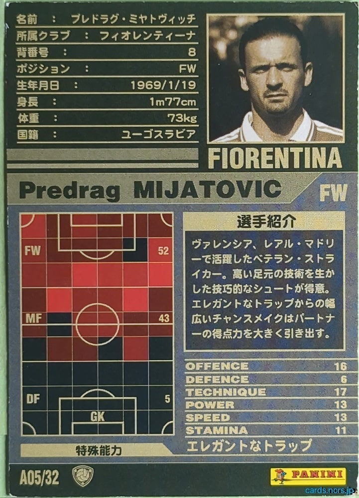 Panini WCCF Football WCCF/2001-2002-A05/32 N Predrag Mijatovic Trading Card NM