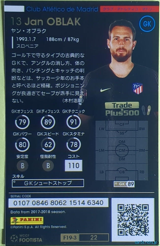 FOOTISTA Football FOOTISTA/F19-3-022 Jan Oblak Trading Card EX