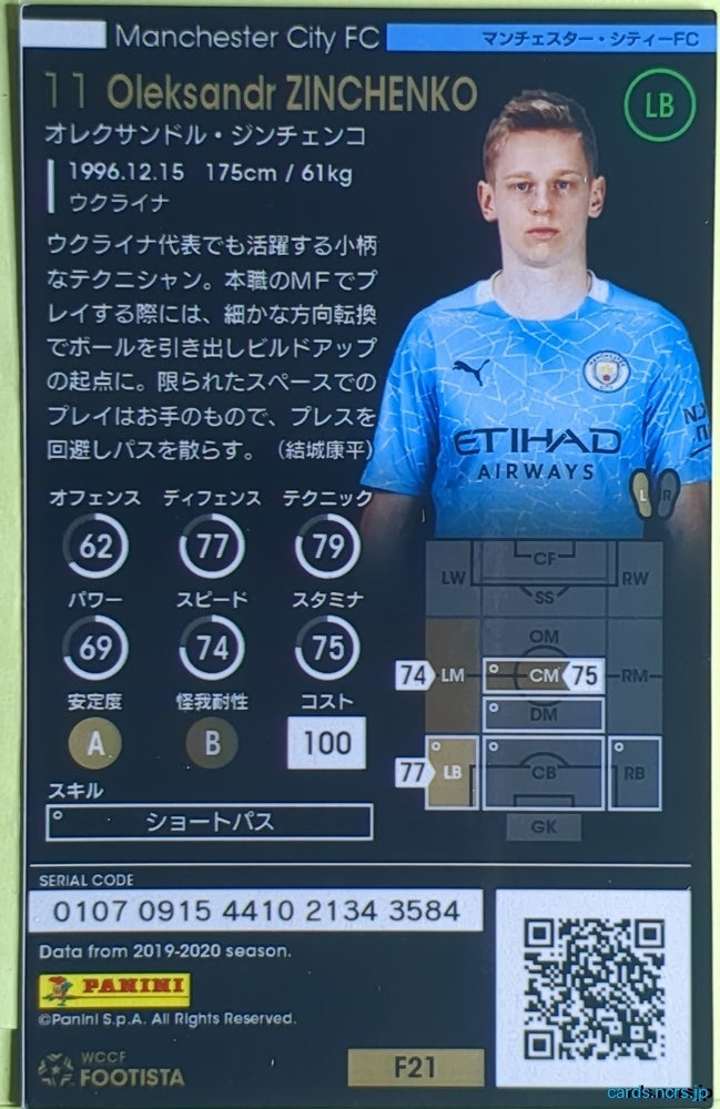 FOOTISTA Football FOOTISTA/F21-MCI-11 Oleksandr Zinchenko Trading Card EX