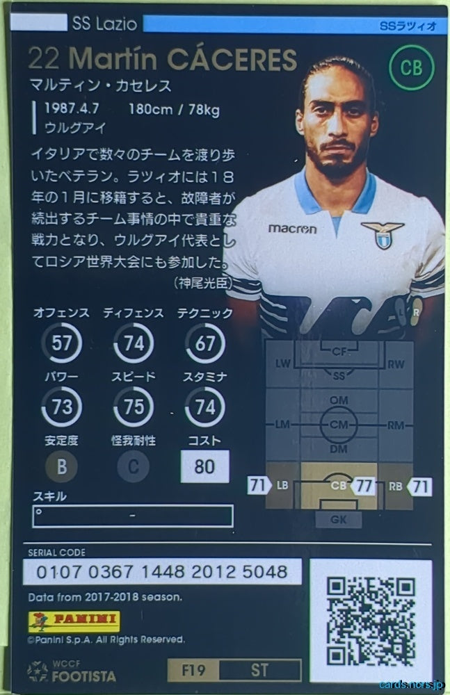 FOOTISTA Football FOOTISTA/F19-ST-LAZ-22 Martin Caceres Trading Card EX