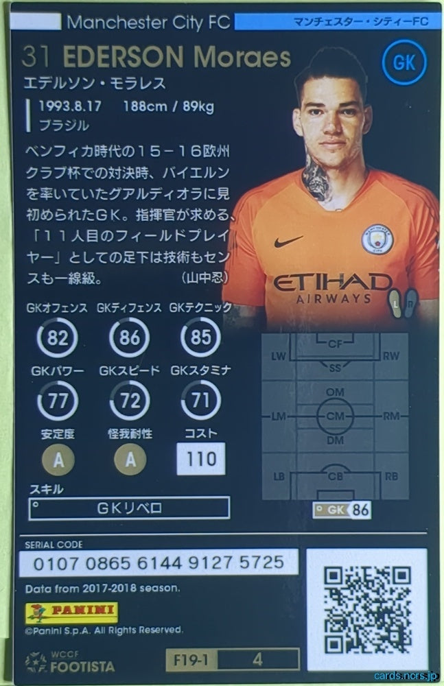FOOTISTA Football FOOTISTA/F19-1-004 EDERSON Moraes Trading Card EX