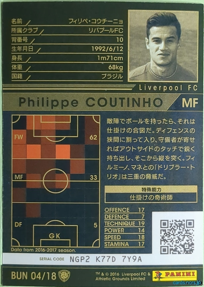 Panini WCCF Football WCCF/2016-2017-BUN04/18 N Philippe Coutinho Trading Card EX