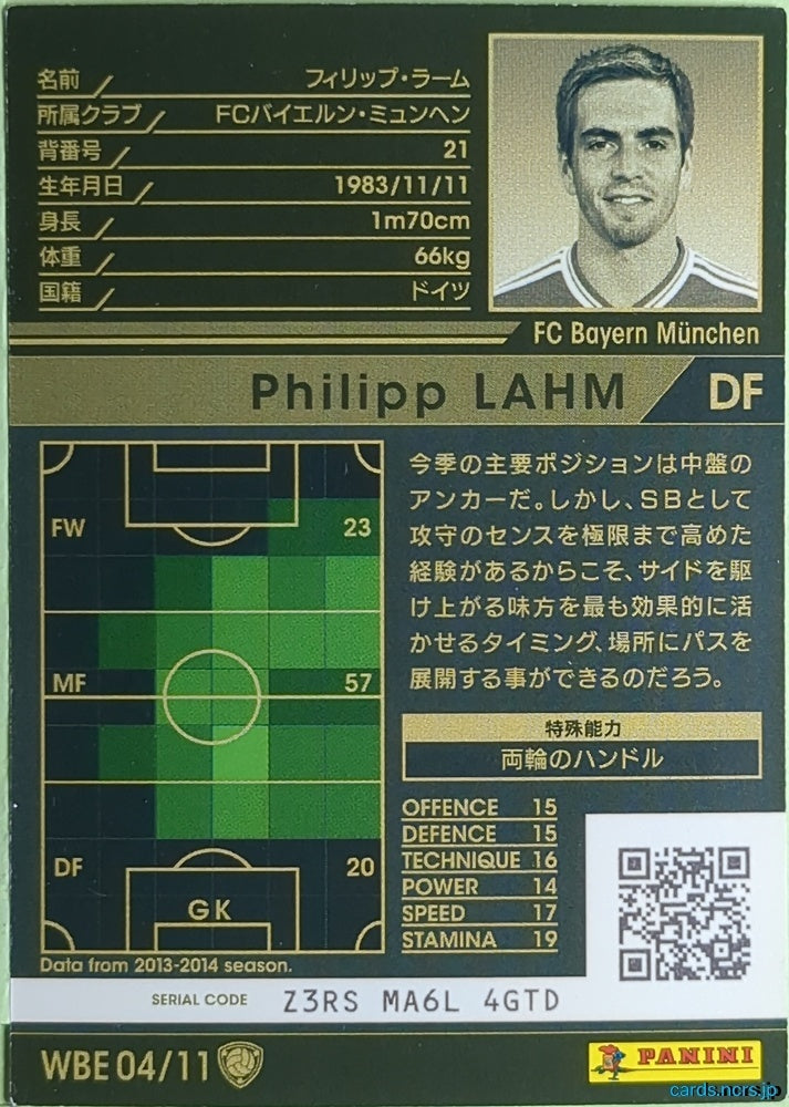 Panini WCCF Football WCCF/2013-2014-WBE04/11 N Philipp Lahm Trading Card EX