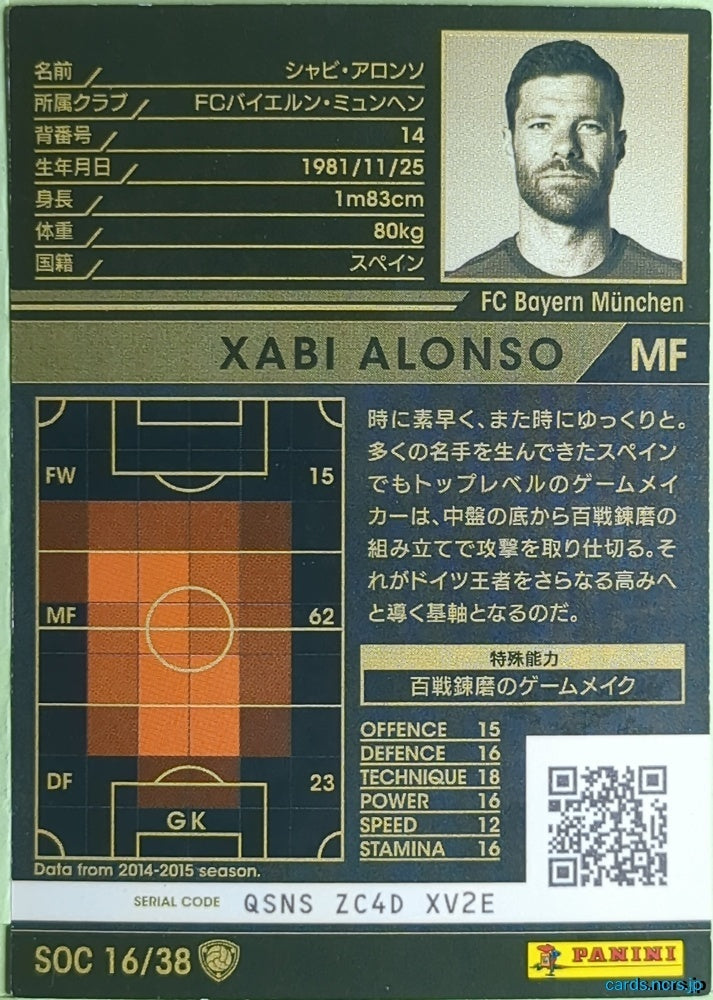 Panini WCCF Football WCCF/2014-2015-SOC16/38 N Xabi Alonso Trading Card EX