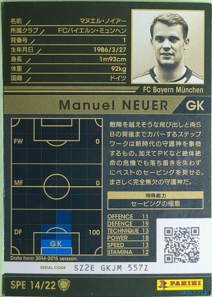 Panini WCCF Football WCCF/2015-2016-SPE14/22 N Manuel Neuer Trading Card EX