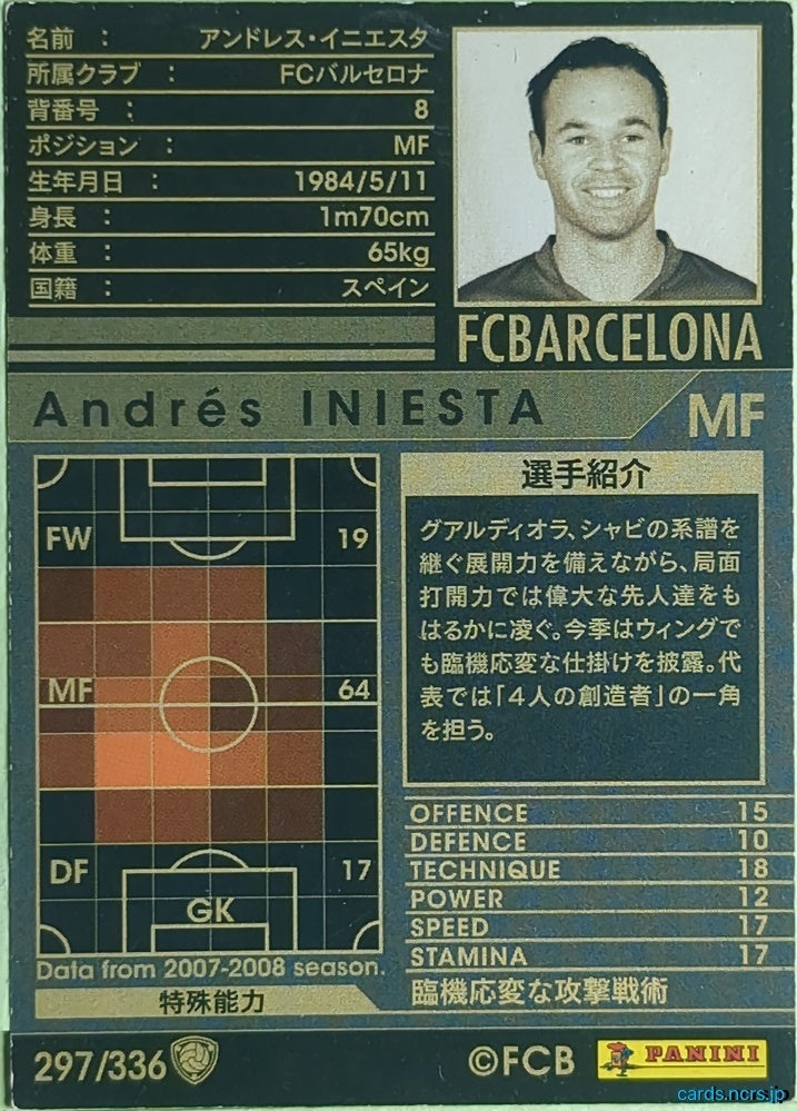 Panini WCCF Football WCCF/2007-2008-297/336 N Andrés INIESTA Trading Card EX