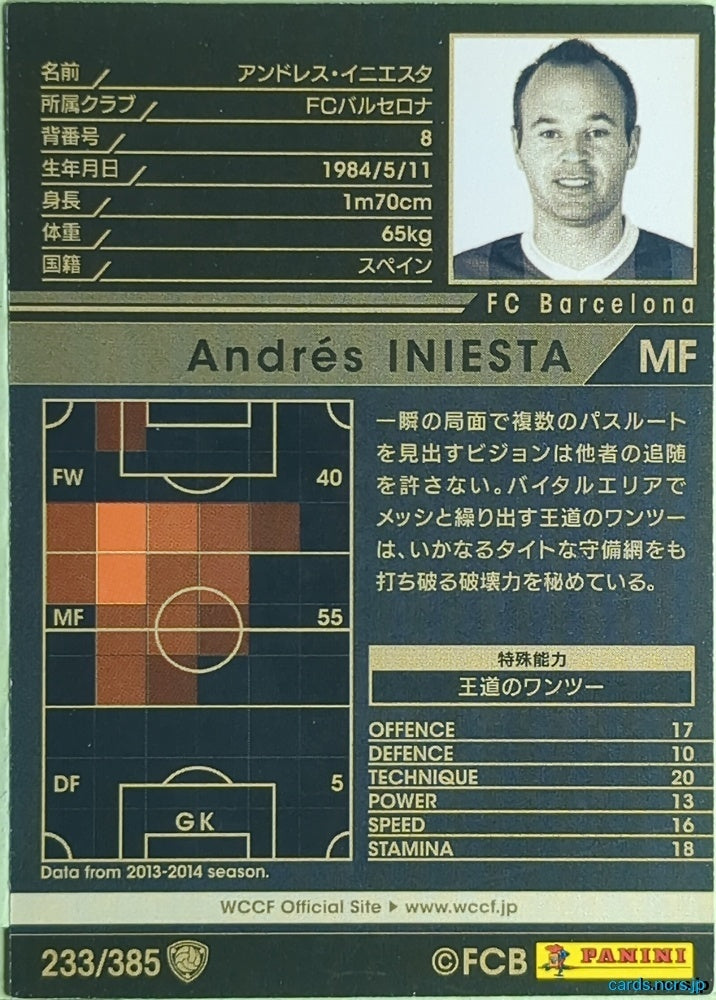 Panini WCCF Football WCCF/2013-2014-233/385 N Andrés INIESTA Trading Card EX