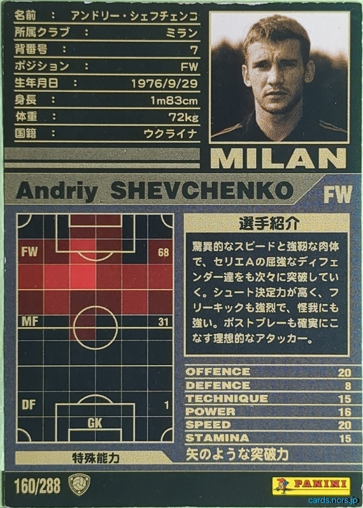 Panini WCCF Football WCCF/2001-2002-160/288 N Andriy Shevchenko Trading Card EX