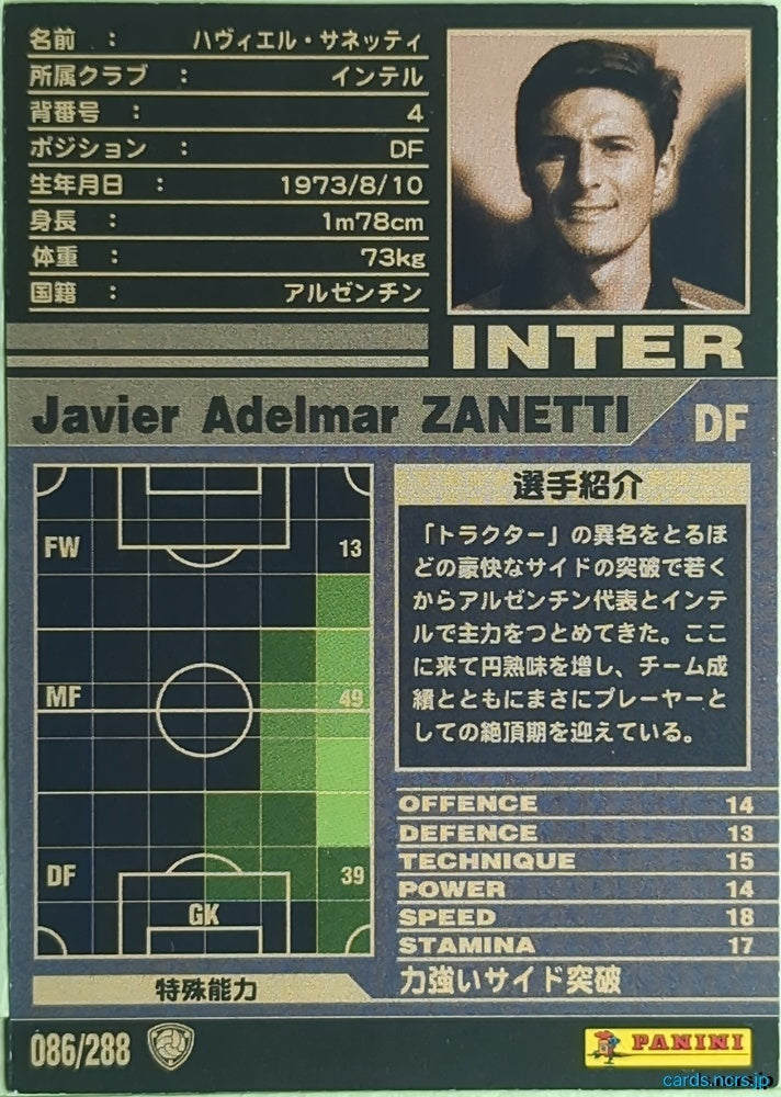 Panini WCCF Football WCCF/2001-2002-086/288 N Javier Adelmar Zanetti Trading Card EX