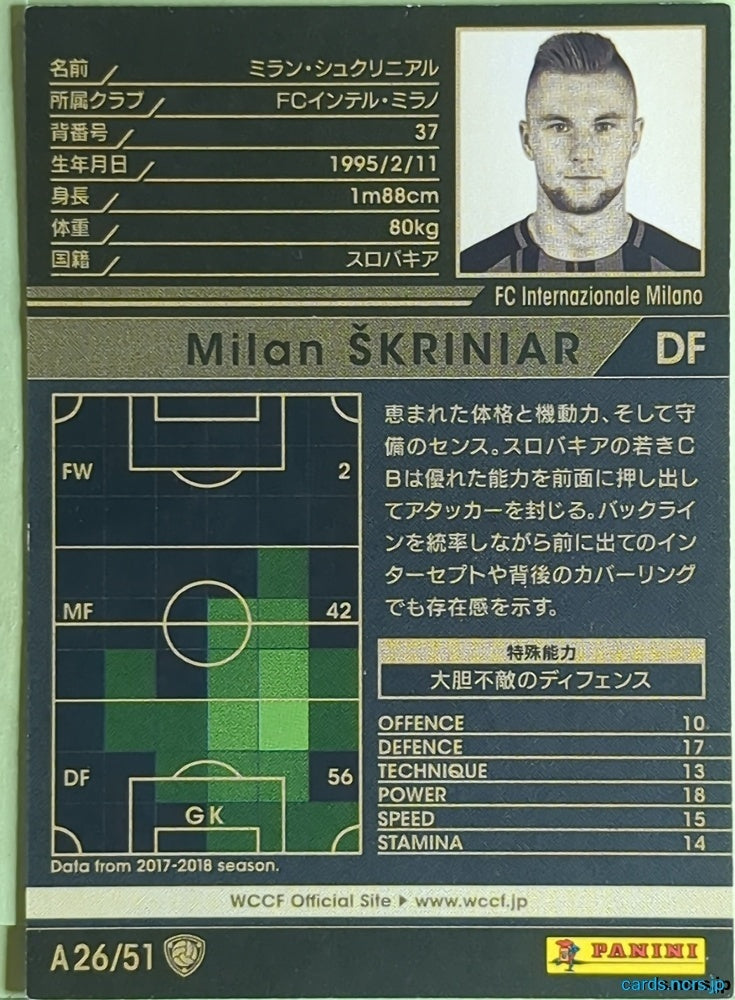 Panini WCCF Football WCCF/2017-2018-A26/51 N Milan Skriniar Trading Card EX