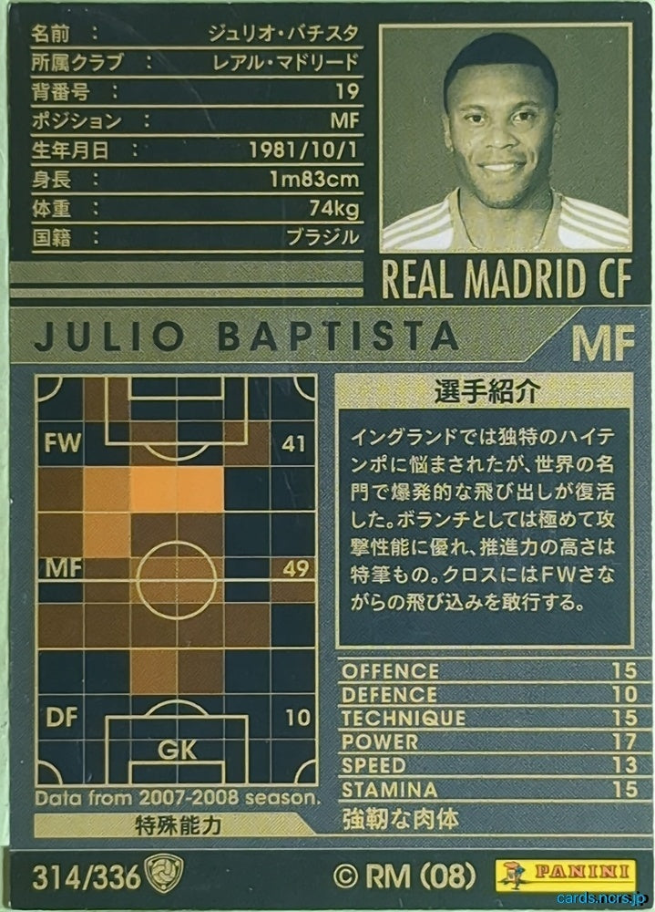 Panini WCCF Football WCCF/2007-2008-314/336 N Julio Baptista Trading Card EX