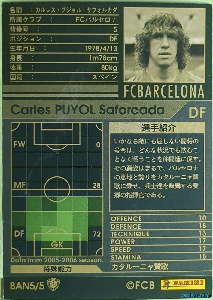 Panini WCCF Football WCCF/2005-2006-BAN5/5 N Carles Puyol Saforcada Trading Card EX