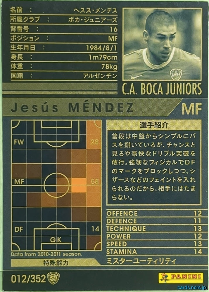 Panini WCCF Football WCCF/2010-2011-012/352 N Jesús Méndez Trading Card EX