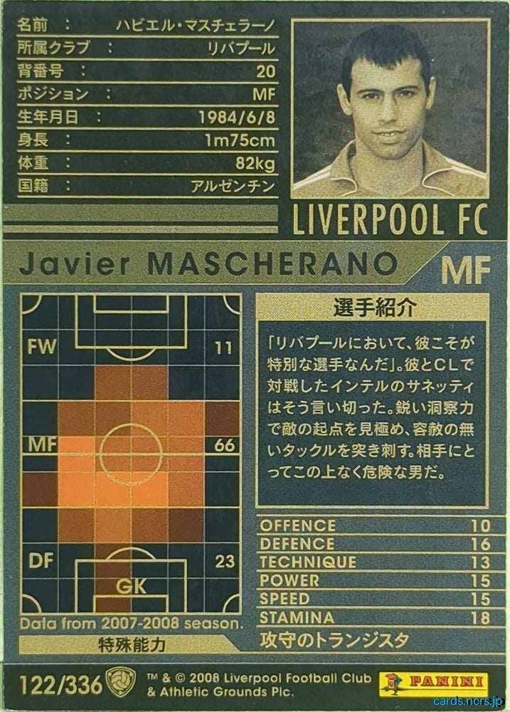Panini WCCF Football WCCF/2007-2008-122/336 N Javier MASCHERANO Trading Card EX