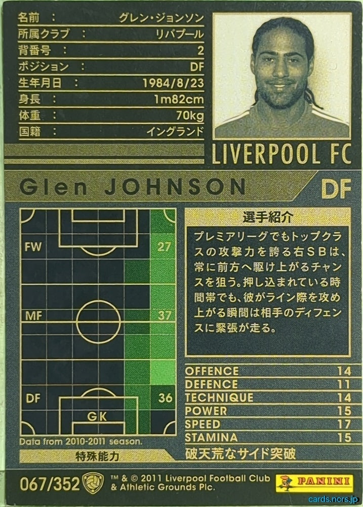 Panini WCCF Football WCCF/2010-2011-067/352 N Glen Johnson Trading Card EX