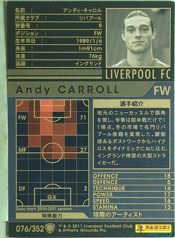 Panini WCCF Football WCCF/2010-2011-076/352 N Andy Carroll Trading Card EX