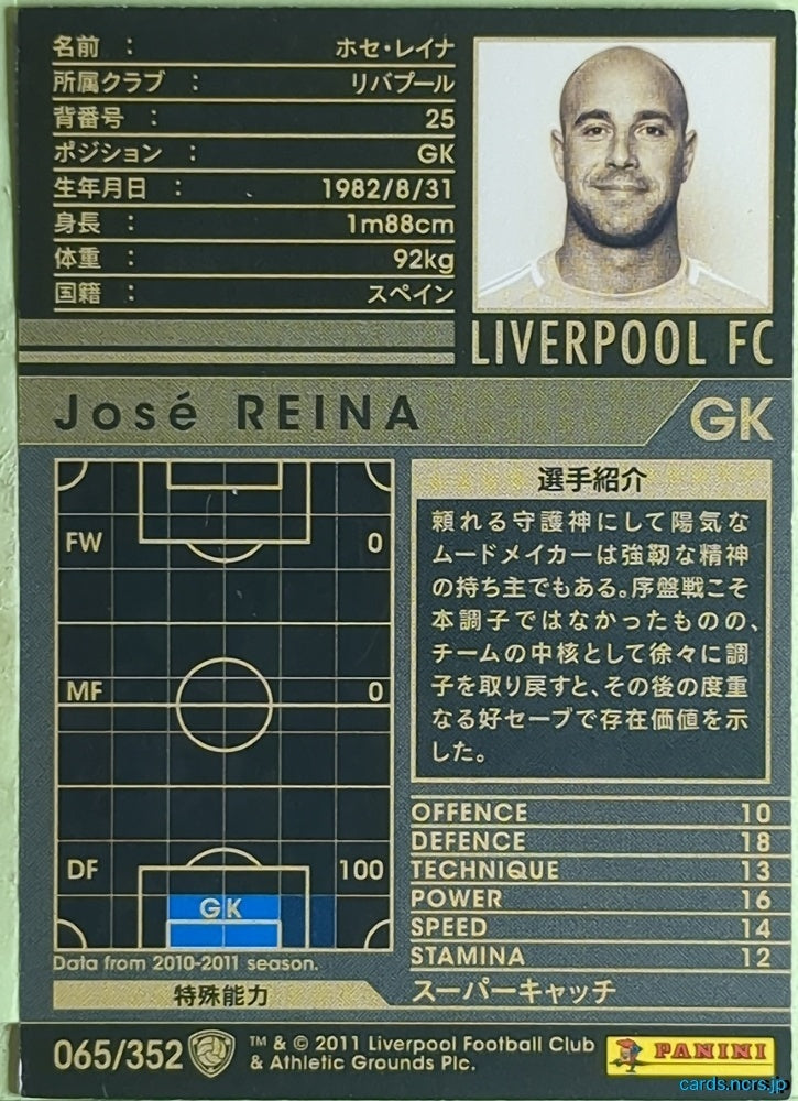 Panini WCCF Football WCCF/2010-2011-065/352 N José Reina Trading Card EX