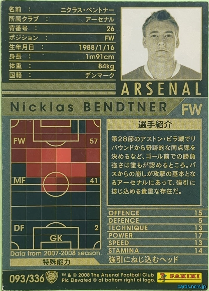 Panini WCCF Football WCCF/2007-2002-093/336 N Nicklas Bendtner Trading Card EX
